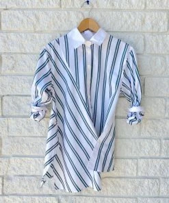 Coupon ✨ 3.1 Phillip Lim 👩 women Long Sleeve Front Draped Striped 👕 Shirt in White-Fern ⭐
