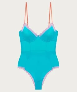 Top 10 👏 Dora Larsen 👩 women Sienna Underwired Bodysuit In Lagoon Blue/Baby Pink/Ochre 💯