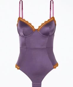 Best Sale 🎉 Dora Larsen 👩 women Aralie Lace Trim Underwired Bodysuit In Dark Purple 😍