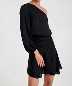 Promo ✔️ Krisa 👩 women One Sleeve Ruched Ruffle Hem 👗 Dress in Black ✔️