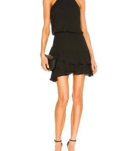 Cheap ✔️ Krisa 👩 women Halter Asymmetrical Ruffle Mini 👗 Dress in Black ❤️