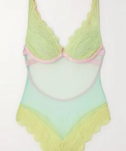 Cheap ⭐ Dora Larsen 👩 women Emelie Lace High Apex Bodysuit In Lime/Sky Blue/Baby Pink 🤩