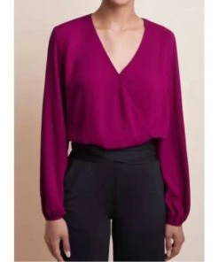 Best deal ✨ Krisa 👩 women Smocked Waist Surplice Long Sleeve Top in Wine ✔️