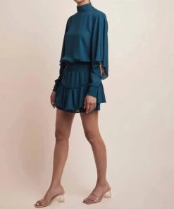 Best Sale 🔔 Krisa 👩 women Draped Long Sleeve 👗 Dress in Peacock 💯